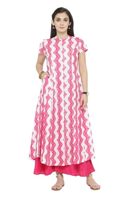 Varanga White & Pink Viscose Rayon Kurta With Palazzo Varanga White & Pink Viscose Rayon Kurta With Palazzo