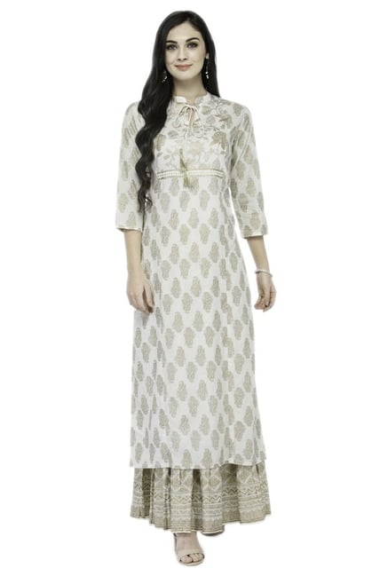Varanga Off White Printed Viscose Rayon Kurta With Skirt Varanga Off White Printed Viscose Rayon Kurta With Skirt