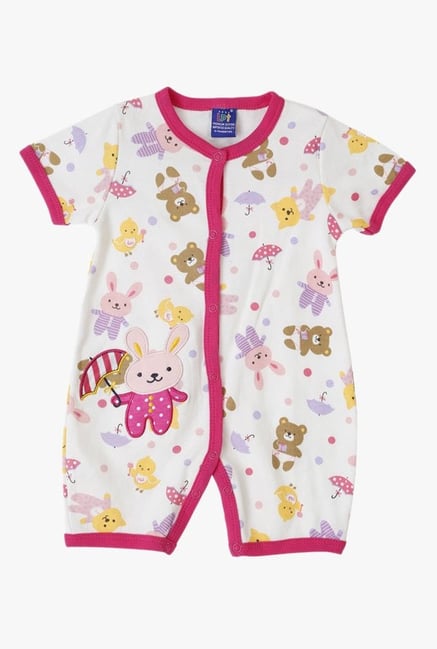 Lilliput Kids Pink & White Printed Romper With Bib Lilliput Kids Pink & White Printed Romper With Bib