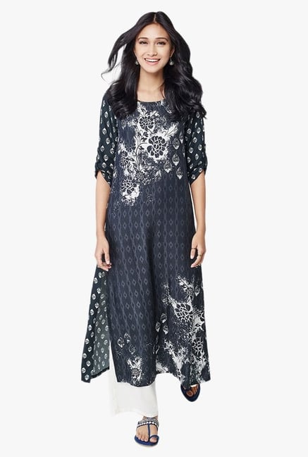 Global Desi Dark Grey Printed Viscose Kurta Global Desi Dark Grey Printed Viscose Kurta