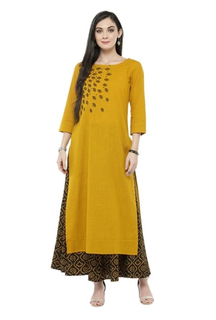 Varanga Mustard Embroidered Cotton Kurta Varanga Mustard Embroidered Cotton Kurta