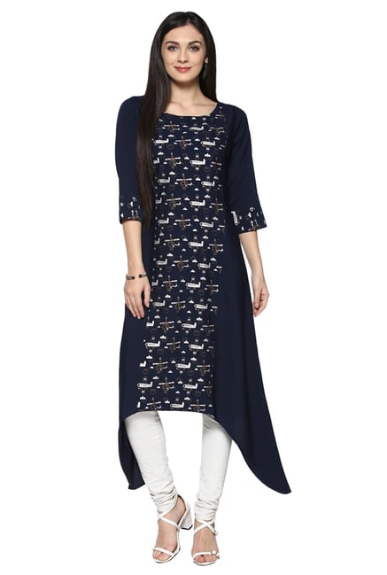 Ziyaa Navy Printed Crepe Flared Kurta Ziyaa Navy Printed Crepe Flared Kurta