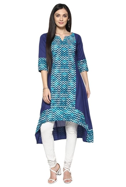 Ziyaa Navy & Teal Printed Cotton Flared Kurta Ziyaa Navy & Teal Printed Cotton Flared Kurta
