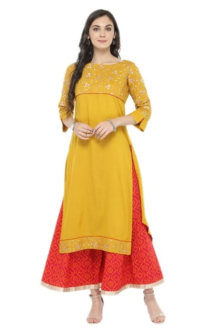 Varanga Yellow & Pink Viscose Rayon Kurta With Palazzo Varanga Yellow & Pink Viscose Rayon Kurta With Palazzo