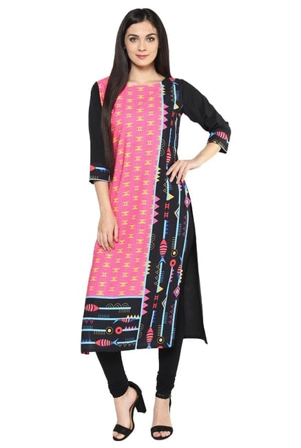 Ziyaa Pink & Black Printed Crepe Straight Kurta Ziyaa Pink & Black Printed Crepe Straight Kurta