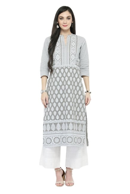 Varanga Grey & White Printed Cotton Kurta With Palazzo Varanga Grey & White Printed Cotton Kurta With Palazzo
