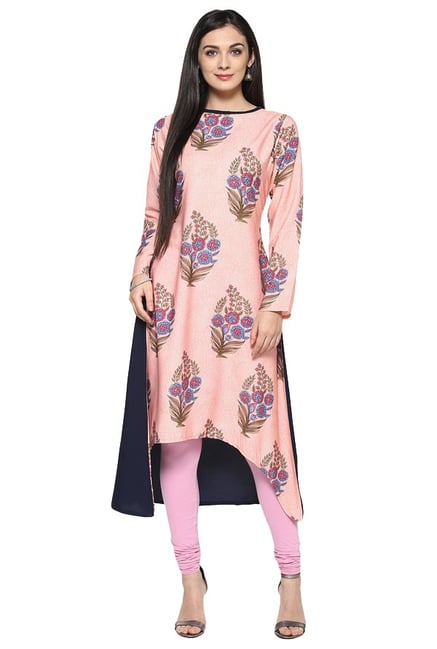 Ziyaa Pink Floral Print Crepe Flared Kurta Ziyaa Pink Floral Print Crepe Flared Kurta