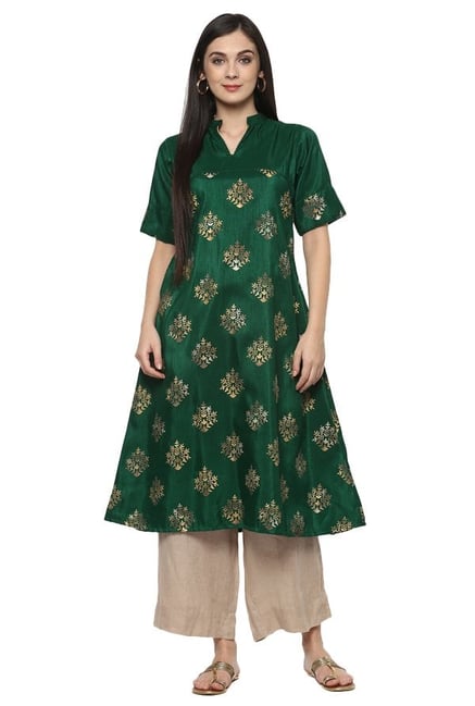 Ziyaa Green Printed Poly Silk Flared Kurta Ziyaa Green Printed Poly Silk Flared Kurta