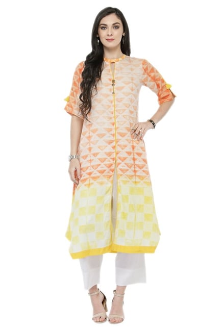 Varanga Orange & Yellow Printed Polyester Kurta Varanga Orange & Yellow Printed Polyester Kurta