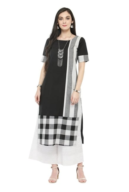 Varanga Black & White Checks Cotton Kurta With Palazzo Varanga Black & White Checks Cotton Kurta With Palazzo