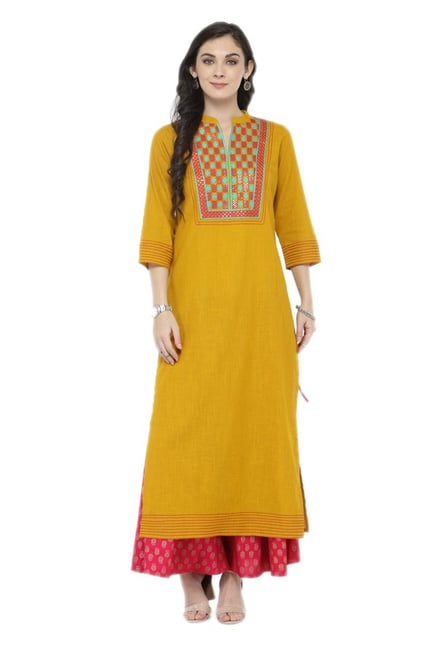 Varanga Mustard Embroidered Cotton Kurta Varanga Mustard Embroidered Cotton Kurta