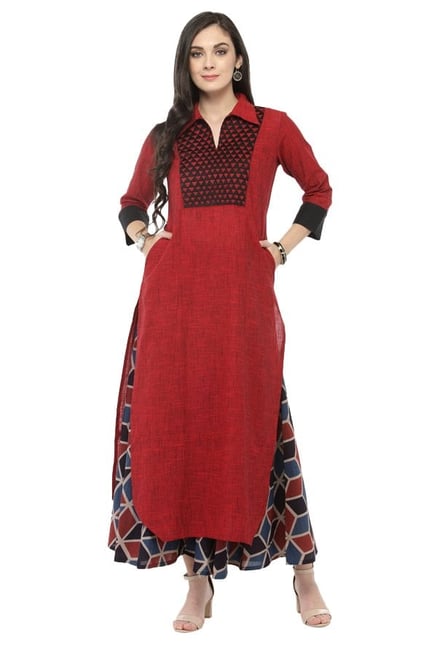 Varanga Red & Navy Textured Cotton Kurta With Palazzo Varanga Red & Navy Textured Cotton Kurta With Palazzo