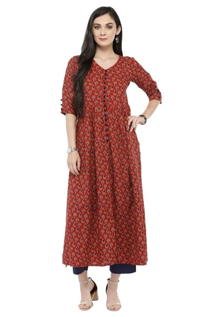 Varanga Rust & Navy Printed Cotton Kurta With Pants Varanga Rust & Navy Printed Cotton Kurta With Pants