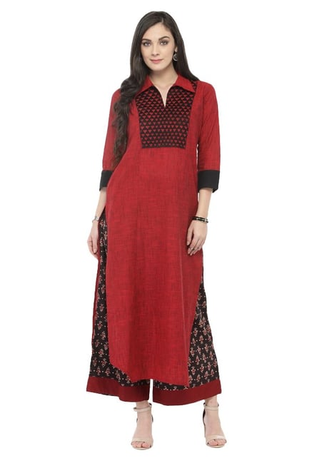Varanga Red & Black Textured Cotton Kurta With Palazzo Varanga Red & Black Textured Cotton Kurta With Palazzo