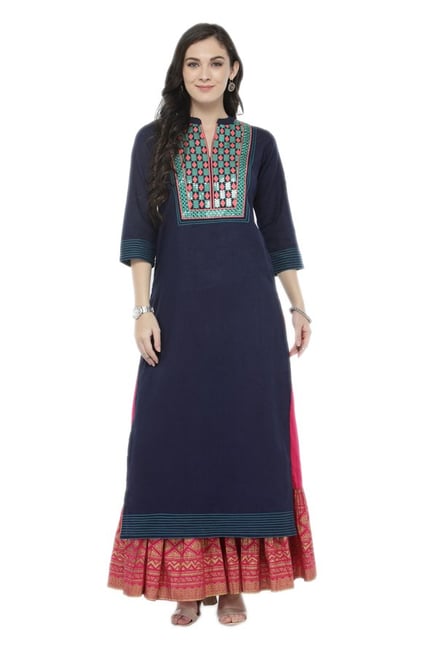 Varanga Navy & Pink Embroidered Cotton Kurta With Skirt Varanga Navy & Pink Embroidered Cotton Kurta With Skirt