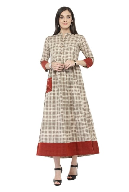Varanga Beige Checks Cotton Dress Varanga Beige Checks Cotton Dress