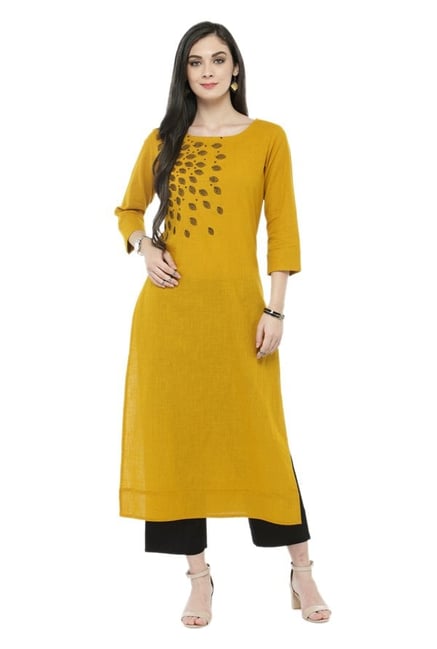 Varanga Mustard & Black Printed Cotton Kurta With Pants Varanga Mustard & Black Printed Cotton Kurta With Pants