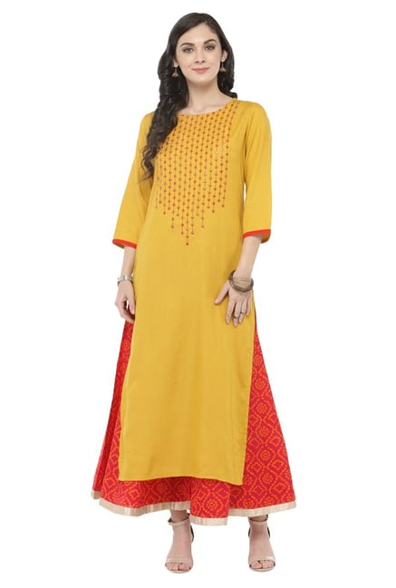 Varanga Yellow & Pink Viscose Rayon Kurta With Palazzo Varanga Yellow & Pink Viscose Rayon Kurta With Palazzo