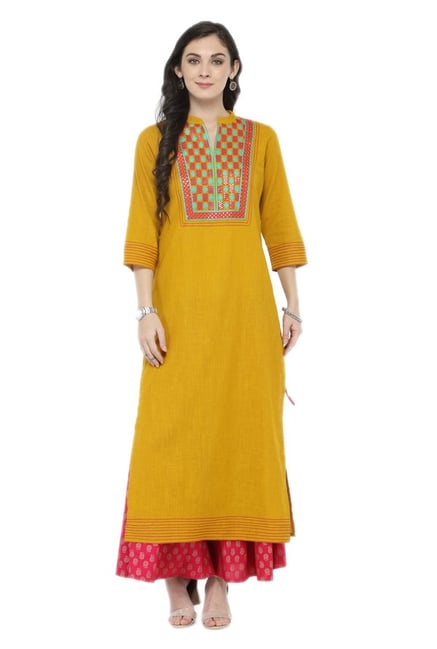 Varanga Mustard & Pink Cotton Kurta With Palazzo Varanga Mustard & Pink Cotton Kurta With Palazzo