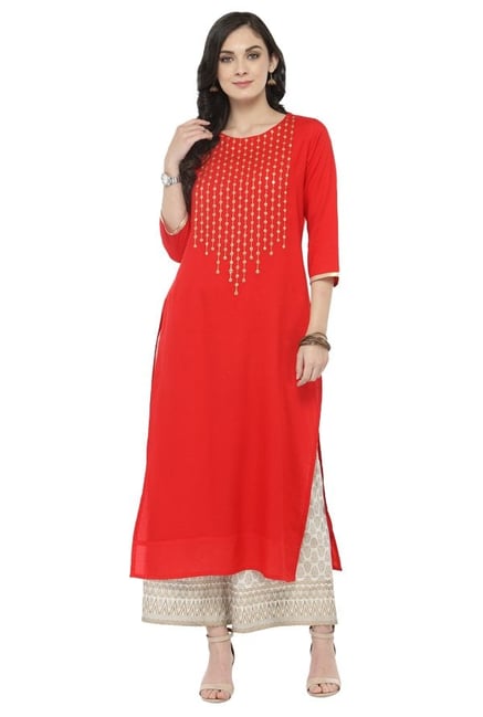 Varanga Red & White Viscose Rayon Kurta With Palazzo Varanga Red & White Viscose Rayon Kurta With Palazzo
