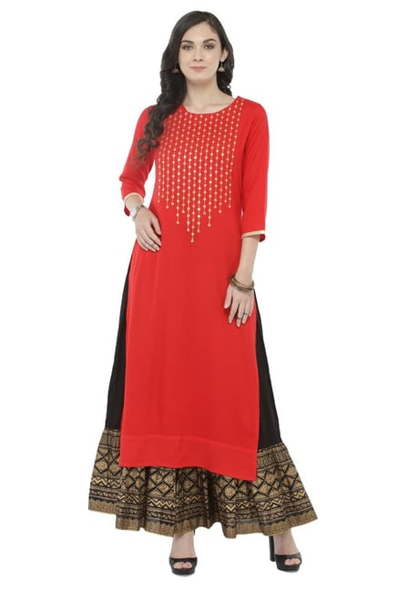 Varanga Red & Black Viscose Rayon Kurta With Skirt Varanga Red & Black Viscose Rayon Kurta With Skirt