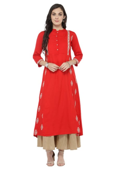 Varanga Red & Beige Viscose Rayon Kurta With Palazzo Varanga Red & Beige Viscose Rayon Kurta With Palazzo