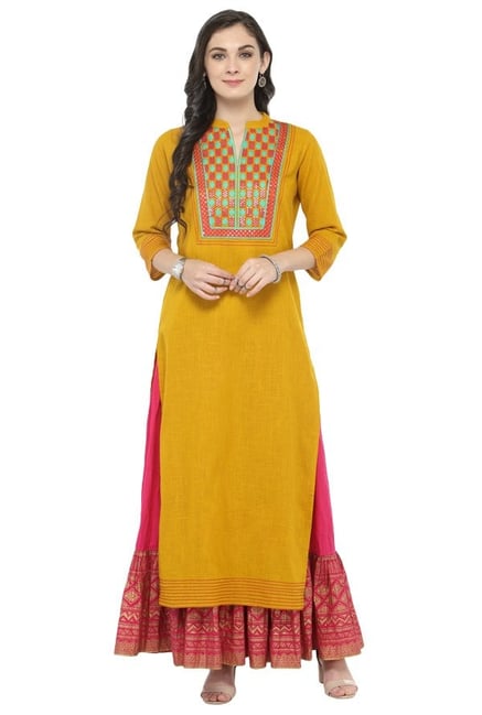 Varanga Mustard & Pink Cotton Kurta With Skirt Varanga Mustard & Pink Cotton Kurta With Skirt