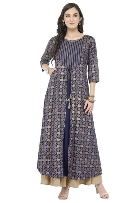 Varanga Navy & Beige Viscose Rayon Kurta With Palazzo Varanga Navy & Beige Viscose Rayon Kurta With Palazzo
