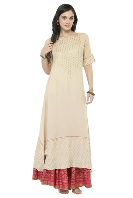 Varanga Off White & Pink Viscose Rayon Kurta With Skirt Varanga Off White & Pink Viscose Rayon Kurta With Skirt