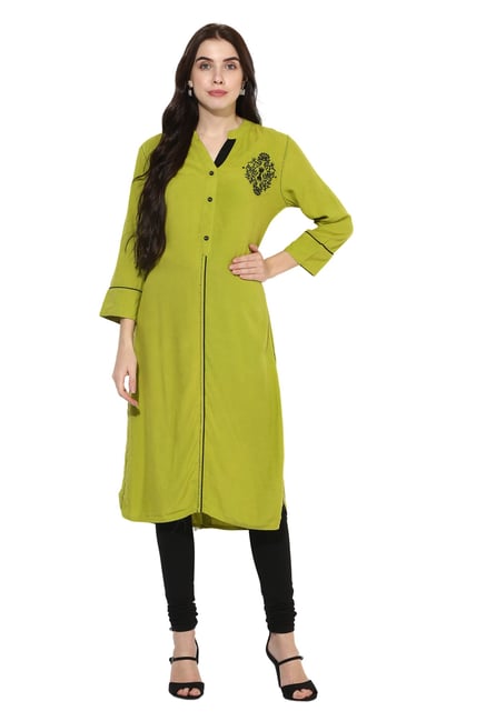 Mytri Lime Embroidered Rayon Straight Kurta Mytri Lime Embroidered Rayon Straight Kurta