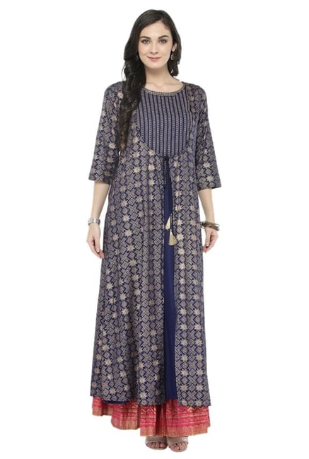Varanga Navy & Pink Viscose Rayon Kurta With Skirt Varanga Navy & Pink Viscose Rayon Kurta With Skirt