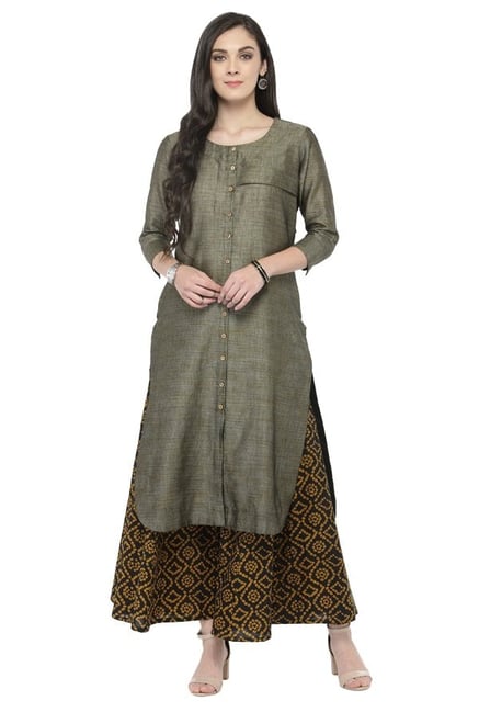 Varanga Grey & Black Textured Cotton Kurta With Palazzo Varanga Grey & Black Textured Cotton Kurta With Palazzo