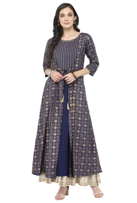 Varanga Navy & Beige Viscose Rayon Kurta With Skirt Varanga Navy & Beige Viscose Rayon Kurta With Skirt