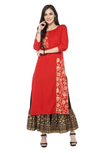 Varanga Red & Black Viscose Rayon Kurta With Skirt Varanga Red & Black Viscose Rayon Kurta With Skirt