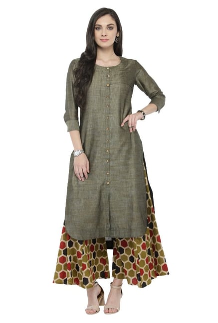 Varanga Grey & Olive Textured Cotton Kurta With Palazzo Varanga Grey & Olive Textured Cotton Kurta With Palazzo