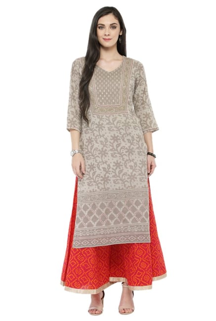 Varanga Taupe Printed Cotton Kurta Varanga Taupe Printed Cotton Kurta