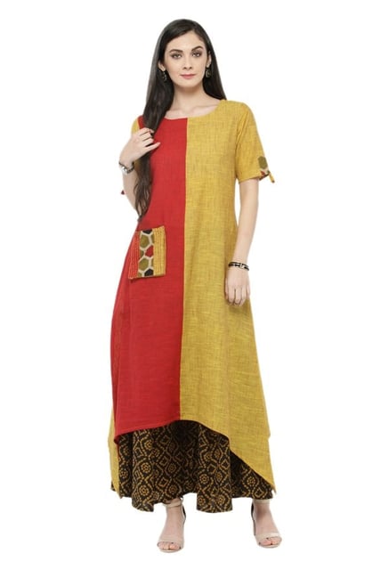 Varanga Rust & Yellow Cotton Kurta With Palazzo Varanga Rust & Yellow Cotton Kurta With Palazzo