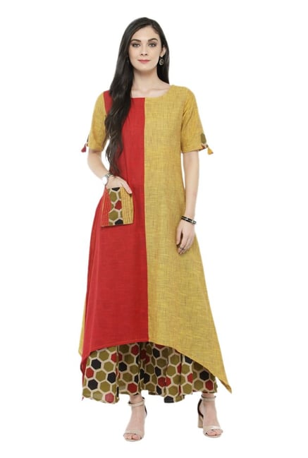 Varanga Rust & Olive Textured Cotton Kurta With Palazzo Varanga Rust & Olive Textured Cotton Kurta With Palazzo