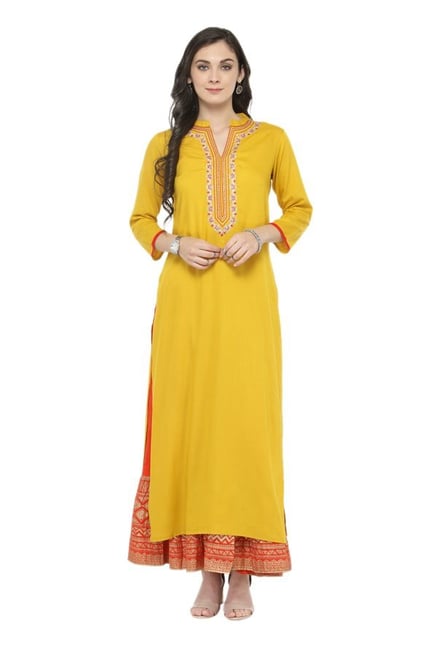 Varanga Yellow & Orange Viscose Rayon Kurta With Skirt Varanga Yellow & Orange Viscose Rayon Kurta With Skirt