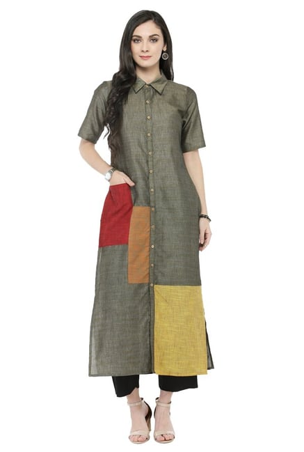 Varanga Grey & Black Textured Cotton Kurta With Pants Varanga Grey & Black Textured Cotton Kurta With Pants