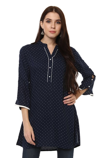 Mytri Navy Polka Dots Rayon Straight Kurti Mytri Navy Polka Dots Rayon Straight Kurti