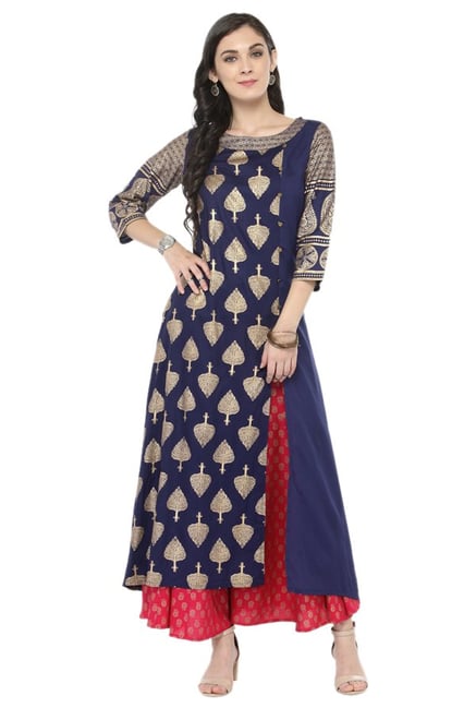 Varanga Navy & Pink Viscose Rayon Kurta With Palazzo Varanga Navy & Pink Viscose Rayon Kurta With Palazzo