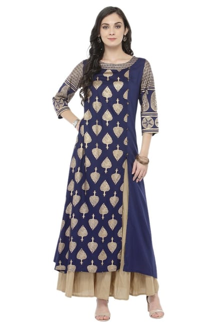 Varanga Navy & Beige Viscose Rayon Kurta With Palazzo Varanga Navy & Beige Viscose Rayon Kurta With Palazzo