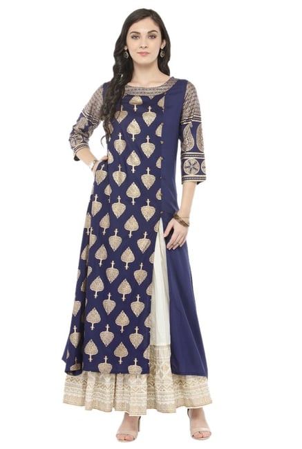 Varanga Navy & Off White Viscose Rayon Kurta With Skirt Varanga Navy & Off White Viscose Rayon Kurta With Skirt