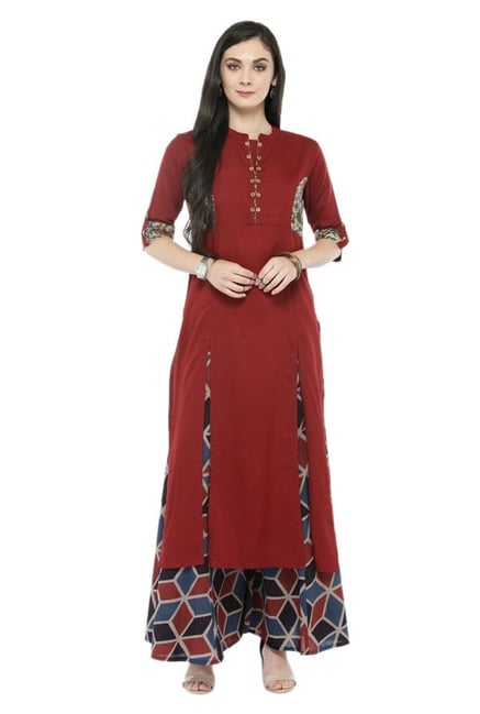 Varanga Maroon & Navy Viscose Rayon Kurta With Palazzo Varanga Maroon & Navy Viscose Rayon Kurta With Palazzo