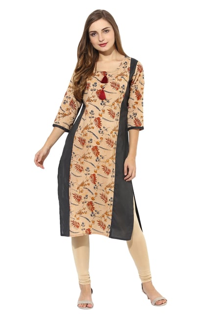 Mytri Beige & Grey Printed Cambric Straight Kurta Mytri Beige & Grey Printed Cambric Straight Kurta