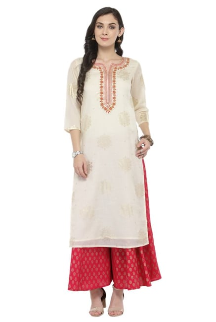 Varanga White & Pink Cotton Blend Kurta With Palazzo Varanga White & Pink Cotton Blend Kurta With Palazzo