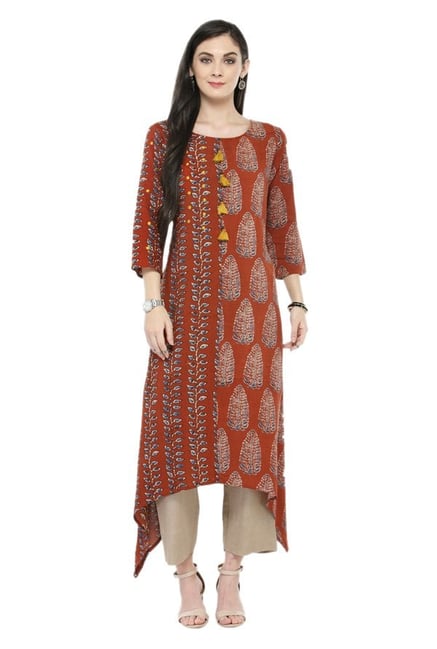 Varanga Rust & Beige Printed Cotton Kurta With Pants Varanga Rust & Beige Printed Cotton Kurta With Pants