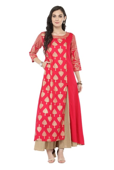 Varanga Pink & Beige Viscose Rayon Kurta With Palazzo Varanga Pink & Beige Viscose Rayon Kurta With Palazzo