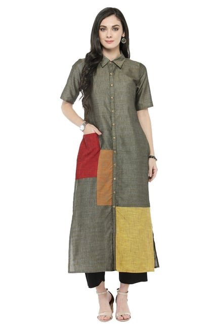 Varanga Dark Grey Textured Cotton Kurta Varanga Dark Grey Textured Cotton Kurta